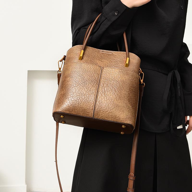Women's PU Leather Tote Bag, Vintage Brown Bucket Handbag, Small Capacity Shoulder Crossbody Bag, Casual Daily Commuter Bag for Work Shopping Travel