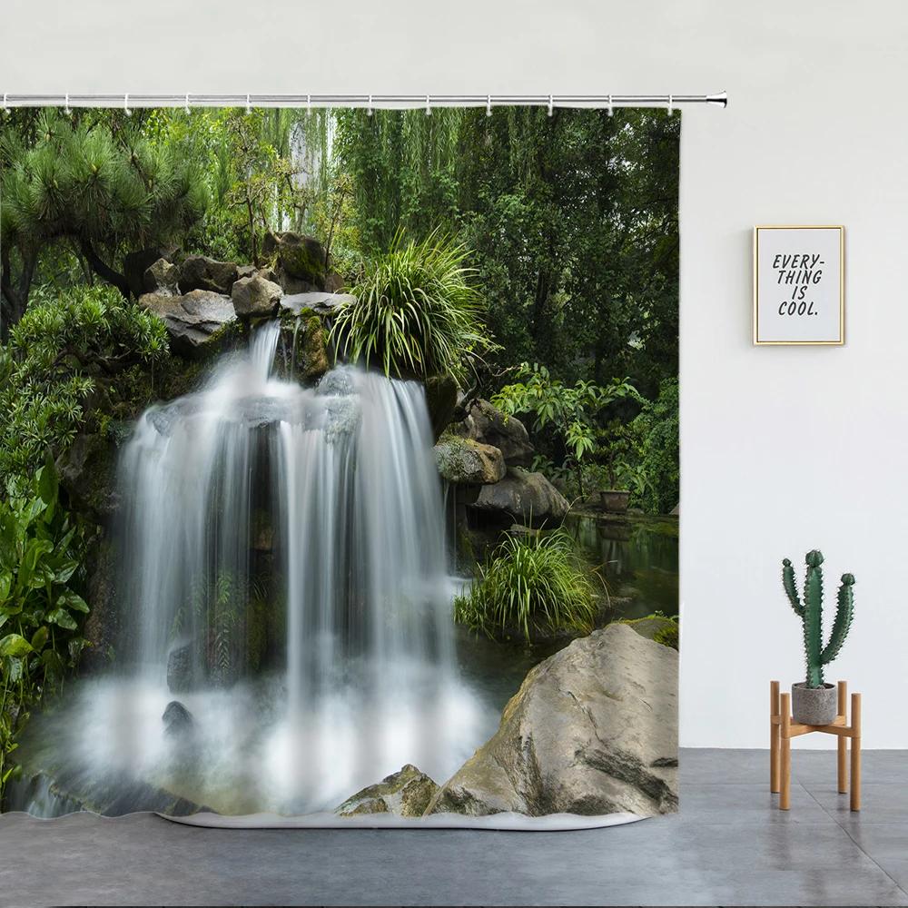 Spring Garden Landscape Shower Curtains Green Plants Flowers Creek Natural Scenery Bath Curtains Bathroom Decor With Hooks