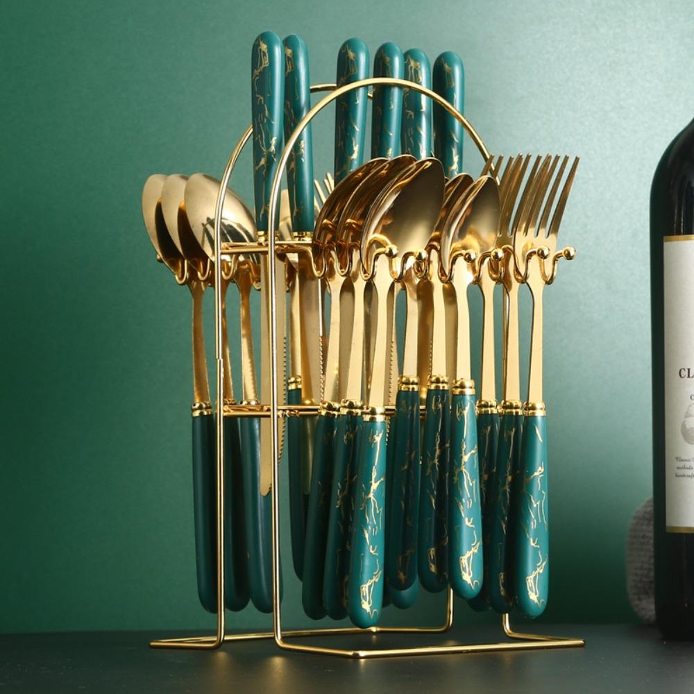 24pcs Stainless Steel Marbled Tableware Set Mirror Polished with Storage Rack Famliy Cutlery Set Nordic Style Flatware Kit