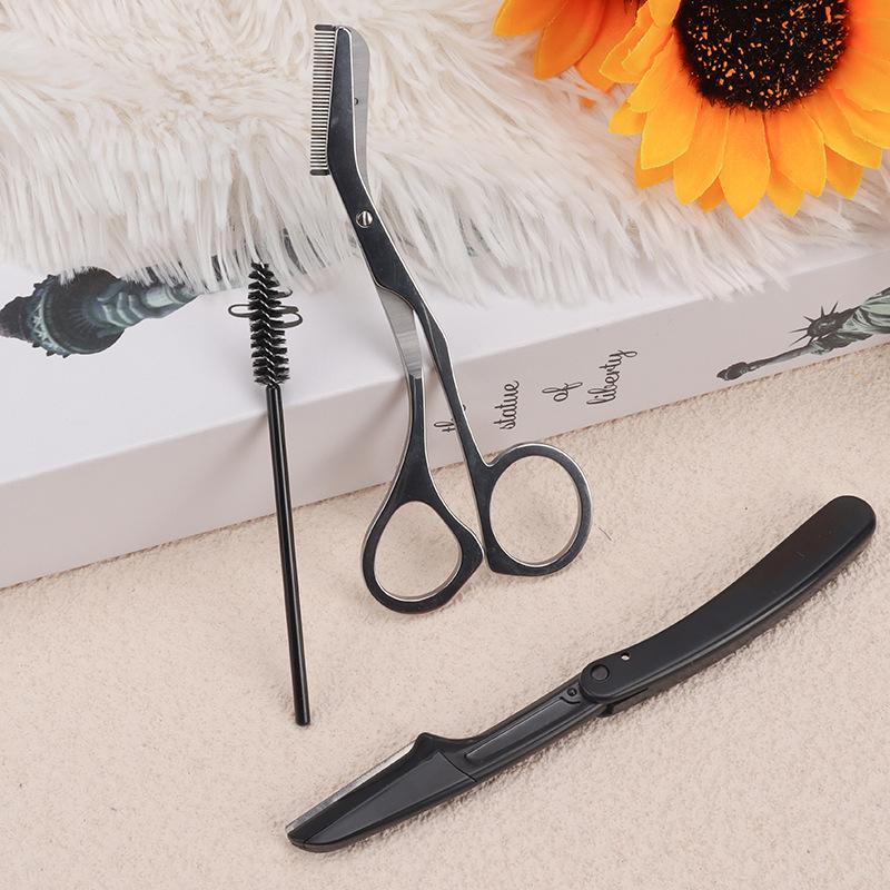 Stainless Steel Eyebrow Scissors & Razor Set with Comb for Beginners