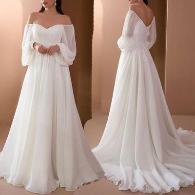 Lantern Sleeve High Waist Women Dress Flowy Hem Off Shoulder Maxi Evening Gown Female Clothing