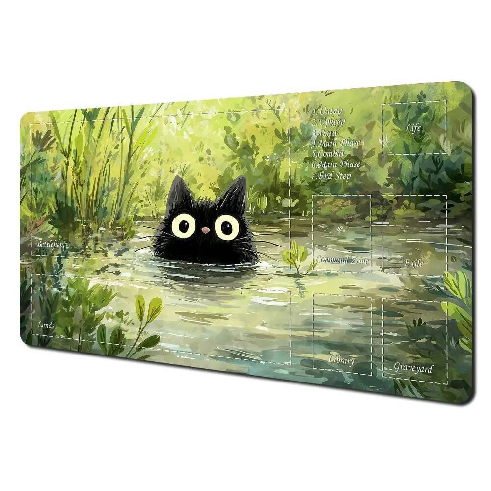 Cute Black Cat MTG Playmat Swamp Watercolor Style TCG Card Game Mat 30x80x0.2cm
