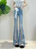 Women's Rhinestone High-Waisted Blue Lace Flare Jeans