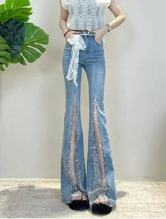 Women's Rhinestone High-Waisted Blue Lace Flare Jeans