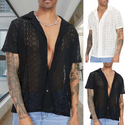 Men Summer Shirt Solid Color Hollow Out Lapel Short Sleeves Single-breasted Daily Wear Loose Breathable Men T-shirt Men Clothes