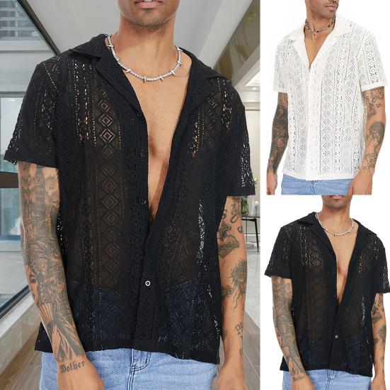 Men Summer Shirt Solid Color Hollow Out Lapel Short Sleeves Single-breasted Daily Wear Loose Breathable Men T-shirt Men Clothes