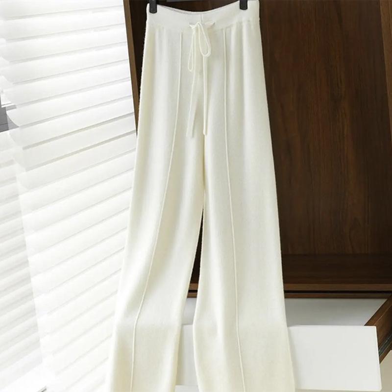 Women's High-Waisted Wide-Leg Wool Pants - Casual, Floor-Length, Straight-Leg, Autumn/Winter, Versatile Knit for a Longer Leg Look