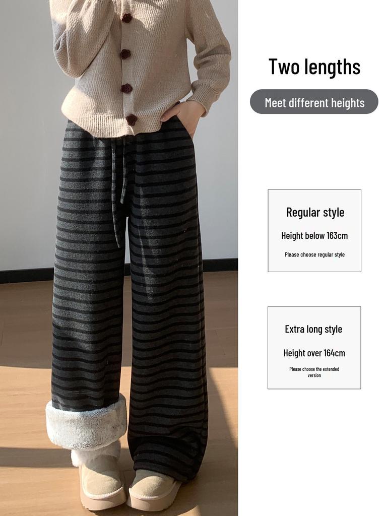 Women's Ash-Black Striped Wool Wide-Leg Pants with High Waist, Autumn/Winter Style, Plus Velvet, Loose Straight-Leg Design