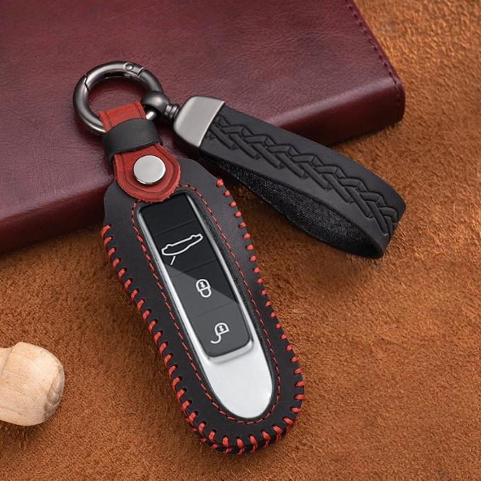 

Чехол-держатель для ключа-брелока из натуральной кожи ручной работы, защитная оболочка для смарт-ключа-пульта для Porsche Cayenne Panamera Macan 911 718 B style чёрный