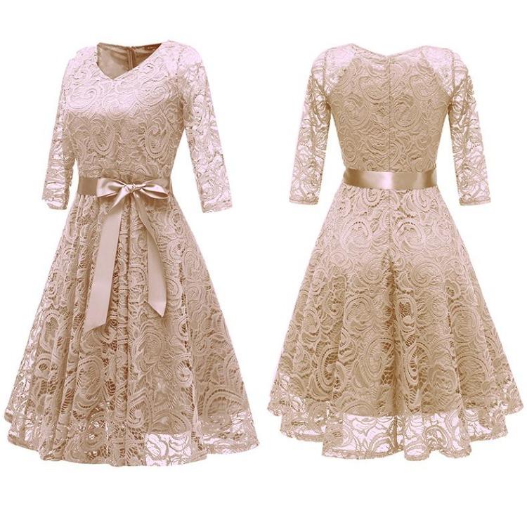 Vintage Floral Lace Bridesmaid Dress 3 4 Sleeve A Line with Ribbon Belt Tea Length Cocktail Party Evening Occasion Outfit Day Wear