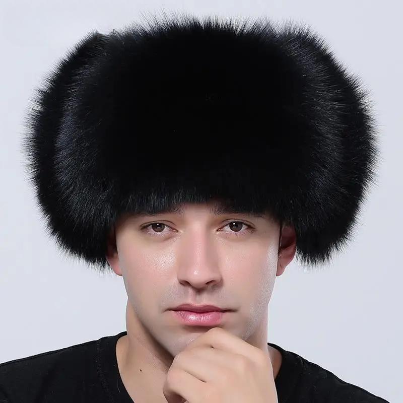 Luxury Men Bomber Hat Winter Warm Thick Fluffy Natural Fox Fur Trapper Ear Hats