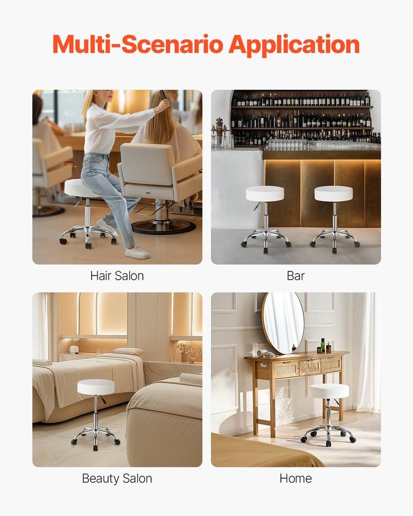 Round Rolling Stool Swivel Work Stool with Wheels Height Adjustable White