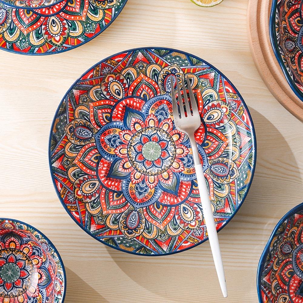Colorful Dinner Plate Flower Pattern Meal Dish Household Bohemian Ceramic Plate  Housewarming Gift