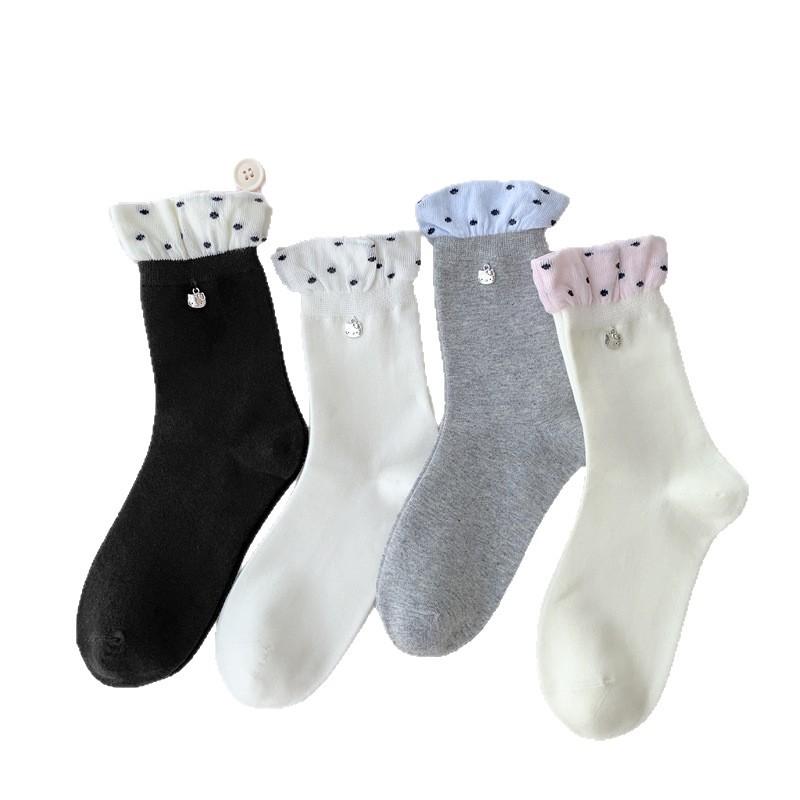 Contrasting Color Luo Kou Small Polka Dot Socks Lace Medium Tube Socks Cartoon Kt Cat Pendant Stacking Socks Jewelry Socks