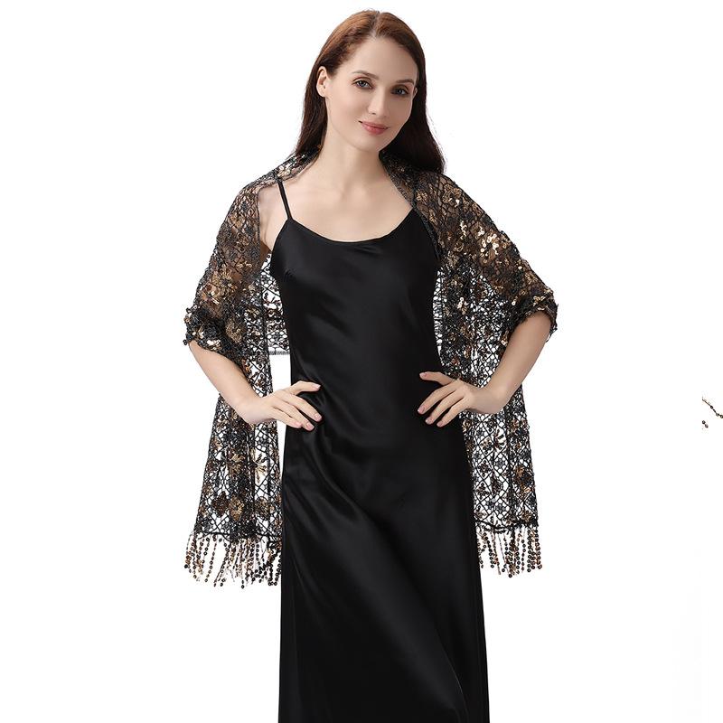 50*180cm with Fringed Women's Sparkling Sequin Lace Deco Scarf, Shawl Wraps For Evening Dress Mesh Shawls Capes For Party