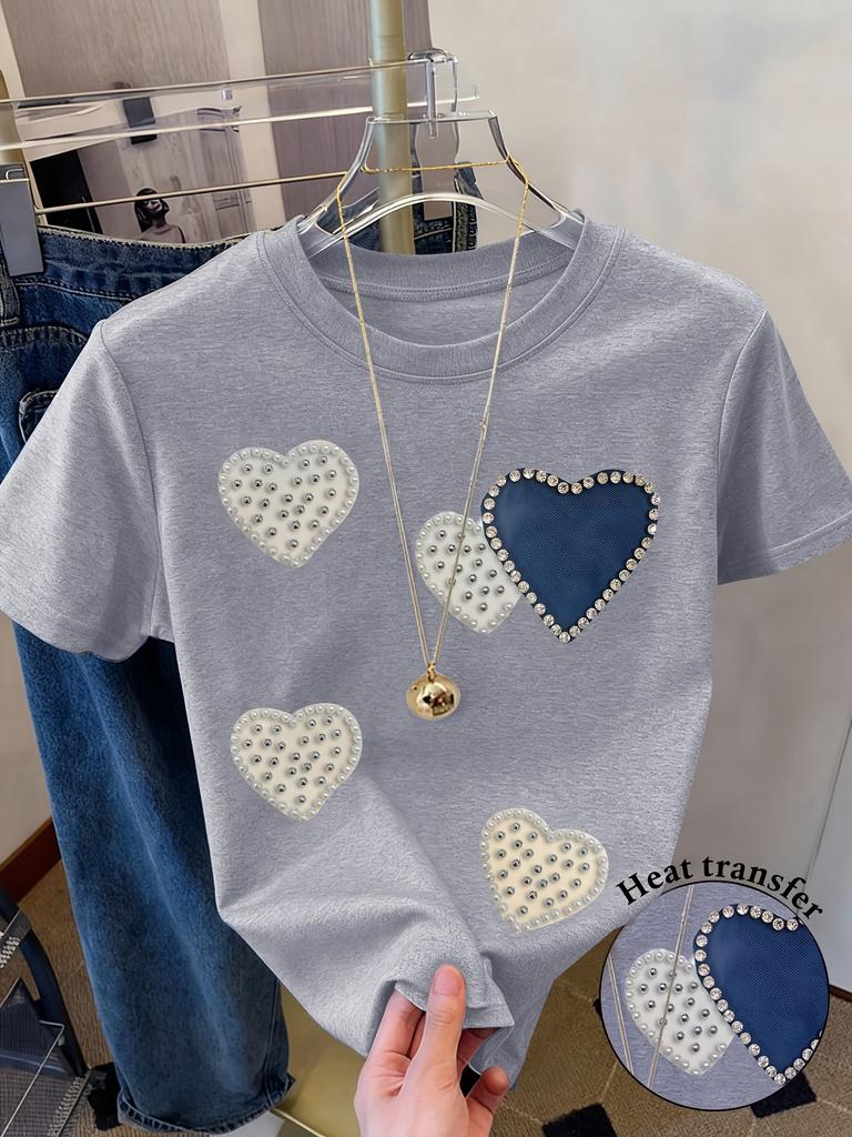 Pearl & Rhinestone Heart Women's Tee - Faux Pearl Heart Graphic, Casual Pink Top