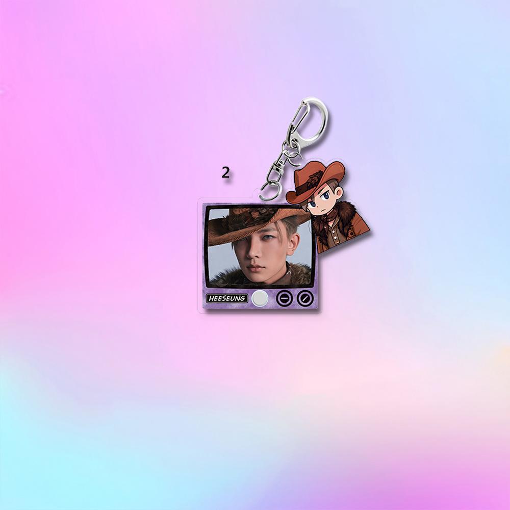 ENHYPEN Retro TV Frame Double Charms Keychain, Member Real Photo+Cowboy Cartoon Pendant, Kpop Engene Fans Collectible Bag Charm Key Ring Merchandise