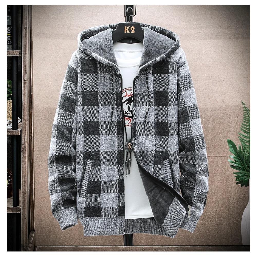 Knitted Cardigan Sweater Men's Jacket Loose Men's New Plaid Long-sleeved Sweatercoat Warm Jackets Winter