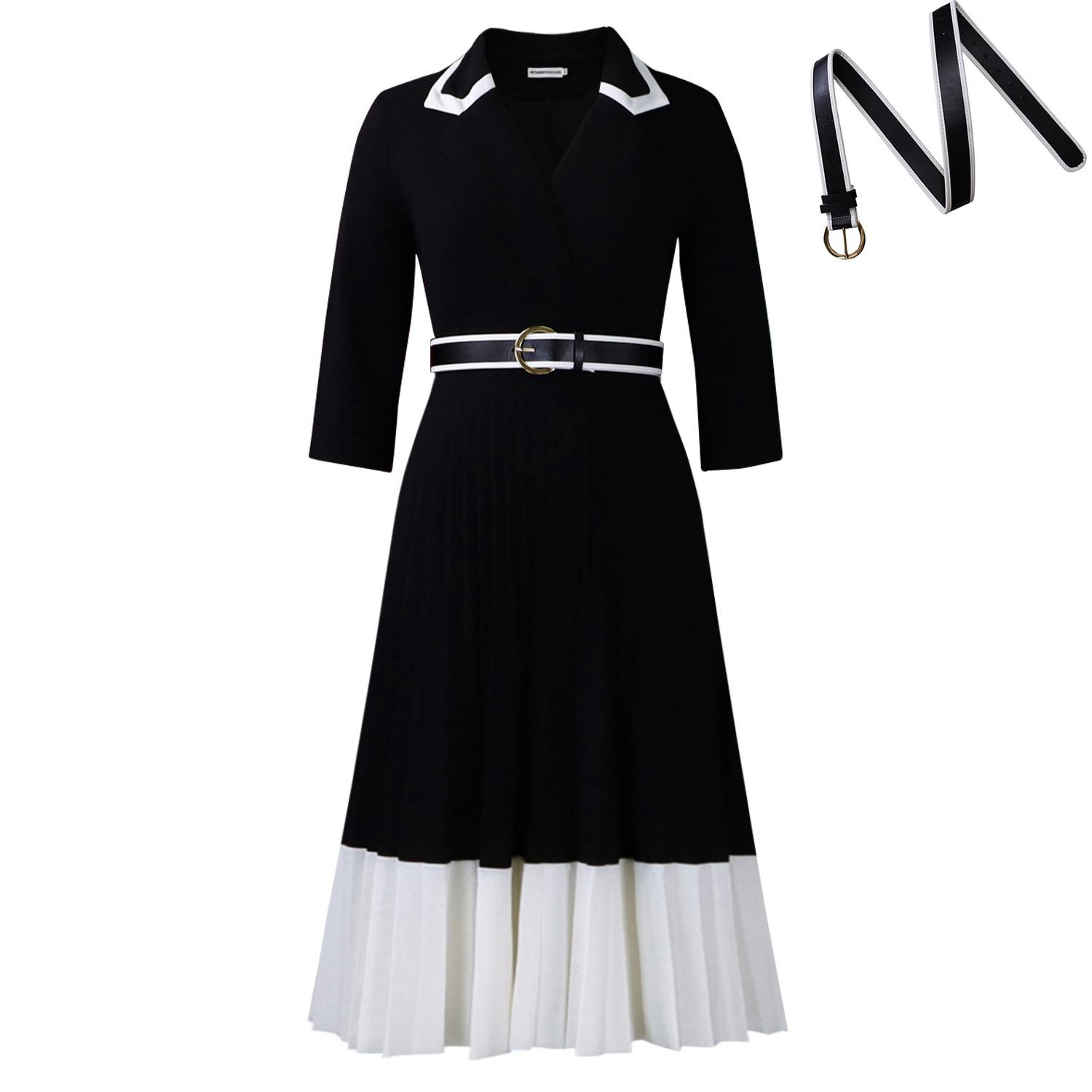

Solid-color Long-sleeved, Color-blocked Pleated A-line Dress for Women s Autumn and Winter XXXL чорний