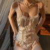 New See-through Lace Ice Silk Stitching Sexy Lingerie Sweet Sexy Jumpsuit Women Lingerie Sleepwear Homeclother