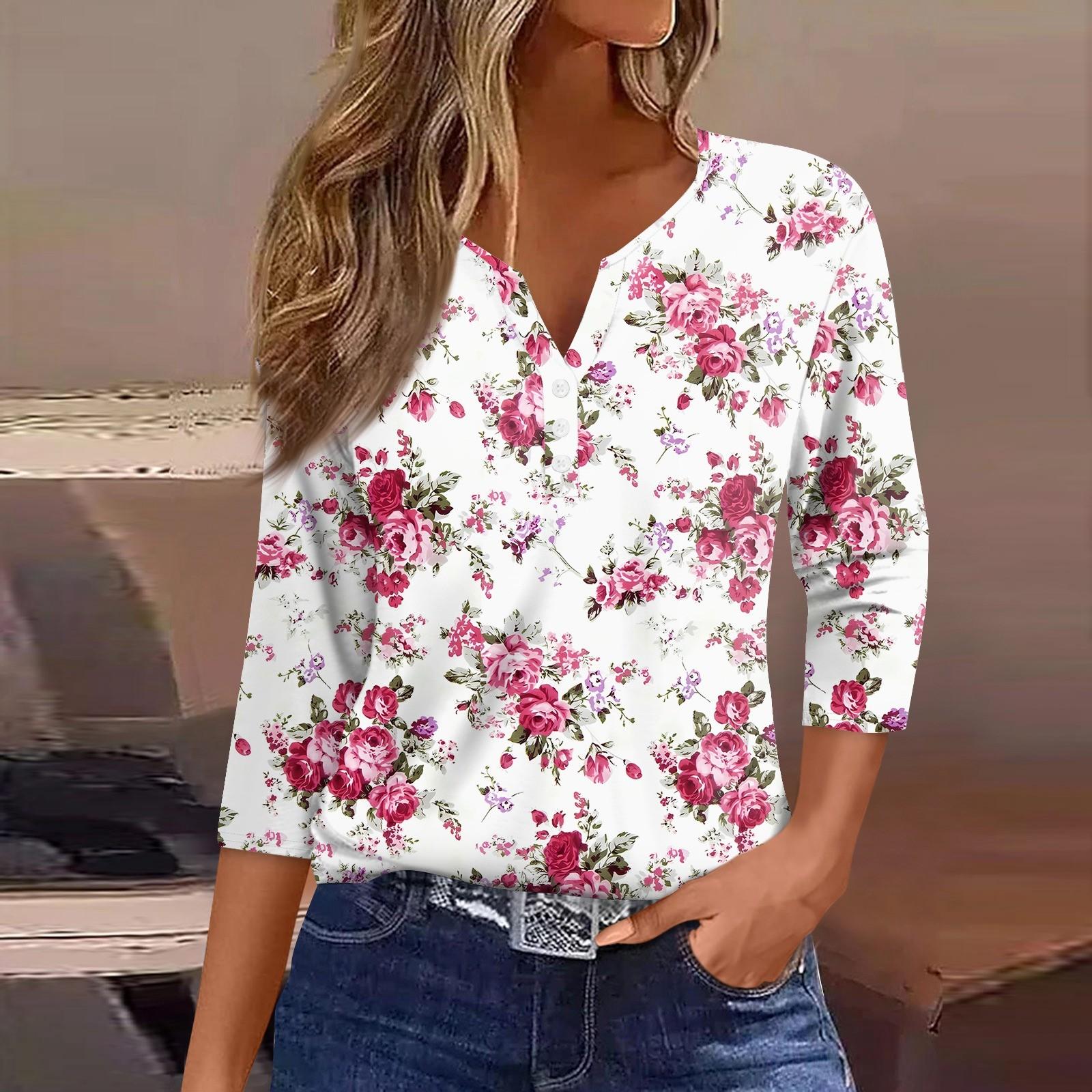 

Жен. Футболка С принтом Пуговицы Рукав 3/4 Повседневные Выходные Мода Классический Классический V-образный вырез Обычный Верх M