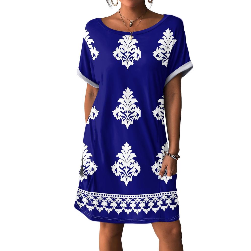 Women's Fashion Short Sleeve Dress With Pockets Floral Print Casual Beach Dress