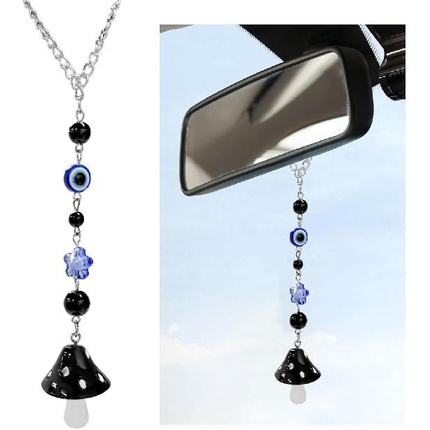 Car Rearview Mirror Mushroom Charm, Car Hanging Ornament Resin Mushroom Pendant for Women Girls, Lucky Mushroom Beaded Decor Universal Rear View