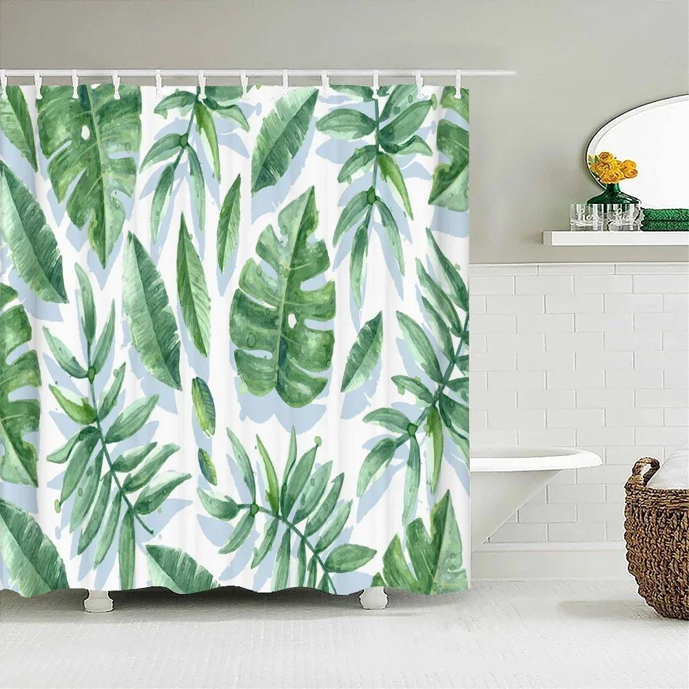3D Printed Green Tropical Plants Shower Curtains Bathroom Waterproof Polyester Leaves Bath Curtain Shower Curtain Bath Screen