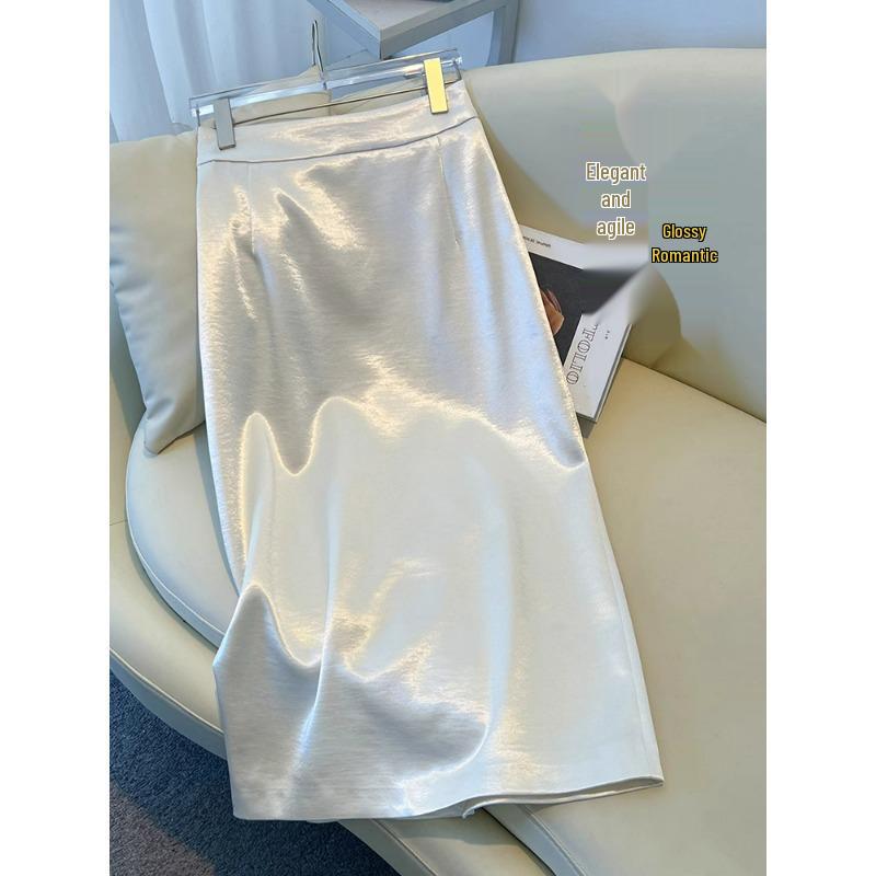 Women's High-End Black Satin A-Line Bodycon Midi Skirt - Spring/Autumn 2025