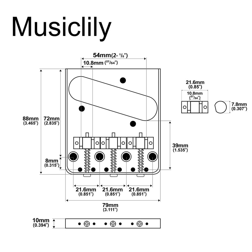 Musiclily Ultra 10.8mm Telecaster Bridge, 3-Way, Brass Saddles, Aluminum Plates, for Vintage TL Electric Guitars, Black