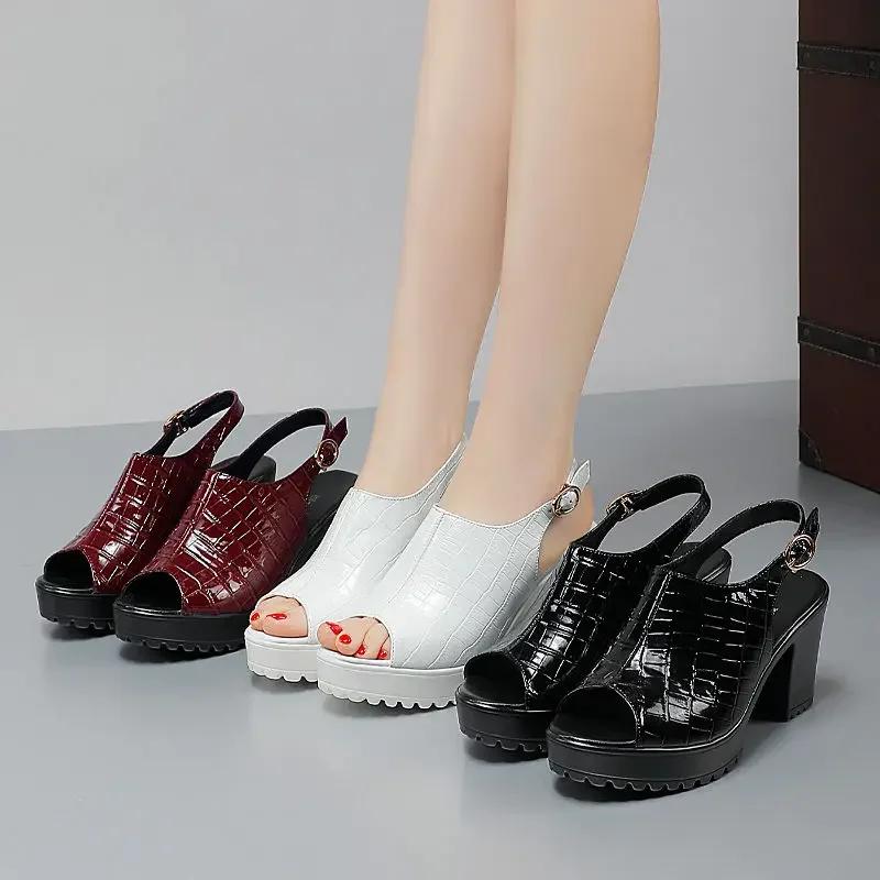 Small Size 32-43 Elegant  Block High Heels Sandals Patent Leather Shoes Summer 2025 Thick Platform Sandals Women Office Model