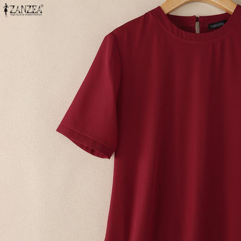ZANZEA Women Casual Round Neck Short Sleeve Pleated Hem Summer Dress