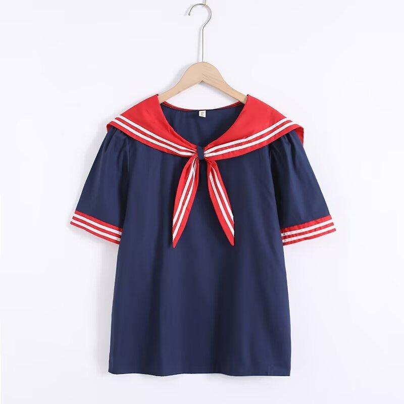 Summer Women Navy Shirts Short Sleeve Sailor Collar Pullover White Blouses Patchwork Loose Tops Girl Sweet Clothes College Style