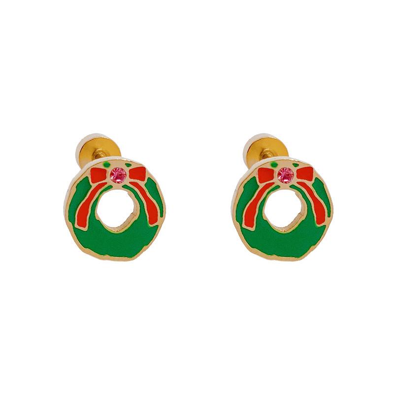 Elegant Green Bow Wreath Spiral Stud Earrings - Compact and Unique Christmas Collection