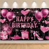 Ροζ χρυσό ύφασμα φόντου Happy Birthday, μαύρη ροζ χρυσή κορδέλα γενεθλίων ροζ χρυσό λογότυπο Happy Birthday διακόσμηση