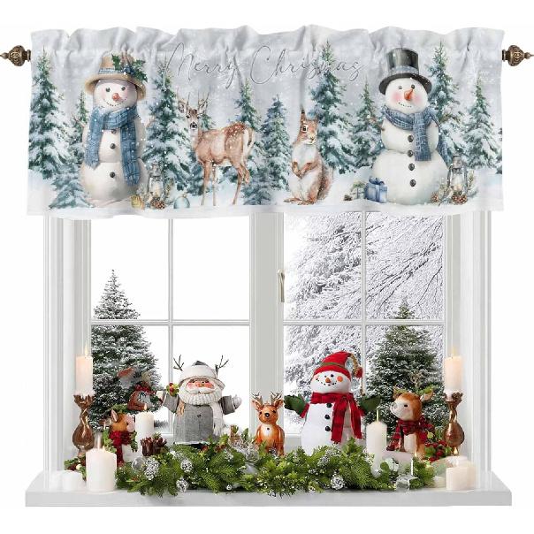 Christmas Valance for Windows Snowman Short Kitchen Curtains for Living Room Over Sink Deer Squirrel Merry Christmas Tree Topper Window Treatment