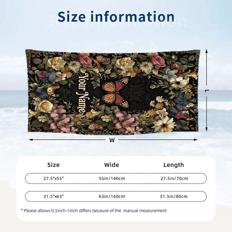 Floral Butterfly Garden 1 Theme Quick Dry Beach Towel Custom Name Text Print Large Sand Resistant Towel Beach Vacation