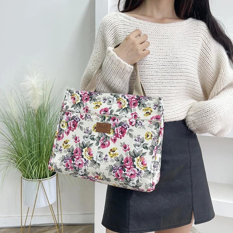 Fashion Floral Print Tote Bag Portable Canvas Lunch Bag Women's Casual Handbag Bento Mommy Shoulder Bag For Picnic Travel