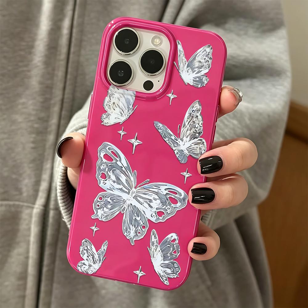 Laser Silver Butterfly Phone Case For Iphone 14 Plus Pro Max 15 16 17 13 12 11 17Air Exquisite Phone Cover Coque Funda iphone 11 ярко-розовый