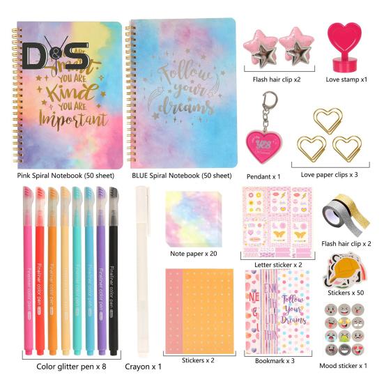 Tagebuch-Set für Mädchen im Alter von 8–12 Jahren, DIY-Schreibwaren-Set mit farbigen Stiften, Aufklebern, Klebeband, Journaling- und Scrapbooking-Zubehör