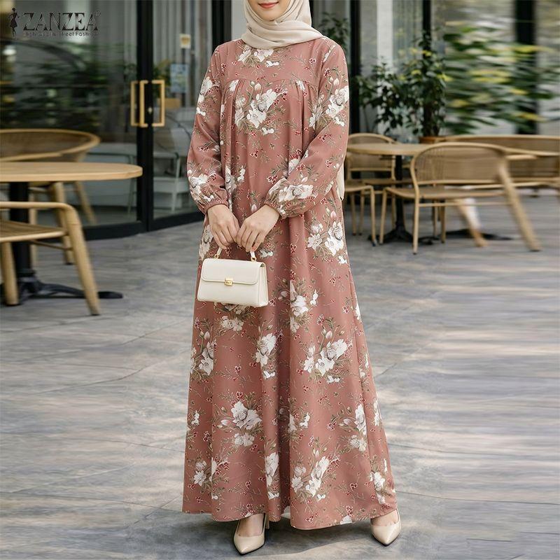 ZANZEA Women Casual Round Neck Loose Long Sleeve Print Long Dress