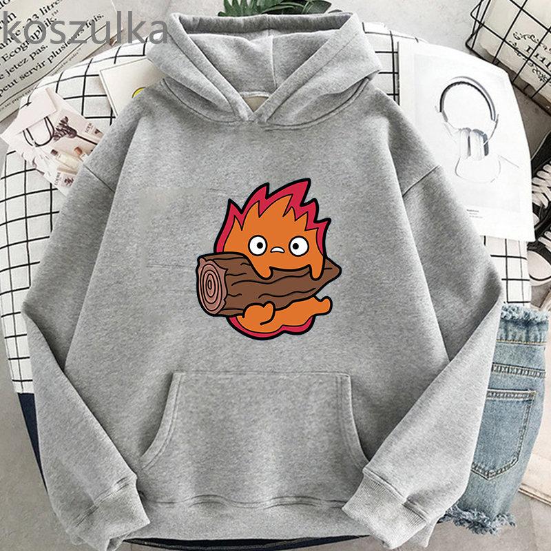 Howl's Moving Castle Calcifer Hettegensere Løs Fleece Hettegenser Tegneserie Calcifer Vintage Pullovers Gensere Vinter Dame Streetwear