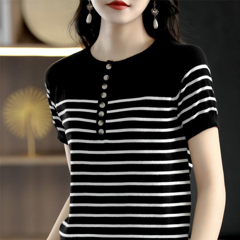 

Полосатая футболка с круглым вырезом, на восьми пуговицах, вязаная, с коротким рукавом, женская, летняя, дышащая, влагоотводящая, свободного простого кроя, универсальный топ XXL чёрный