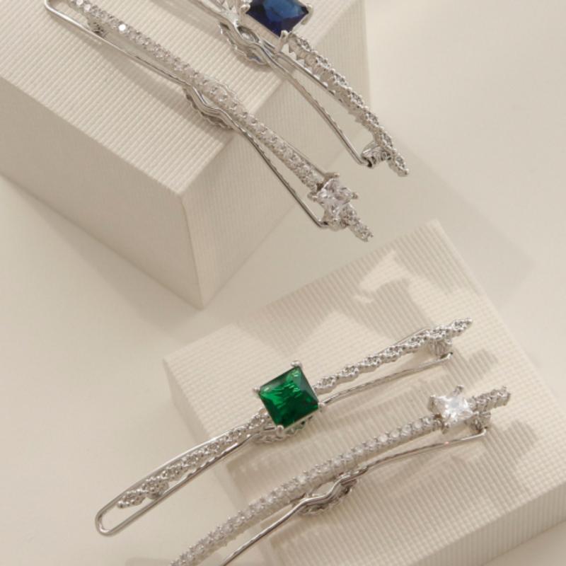 

J.Lauren Slim Line Emerald Sapphire Cubic Square Hair Pin Set H0826 sapphire blue