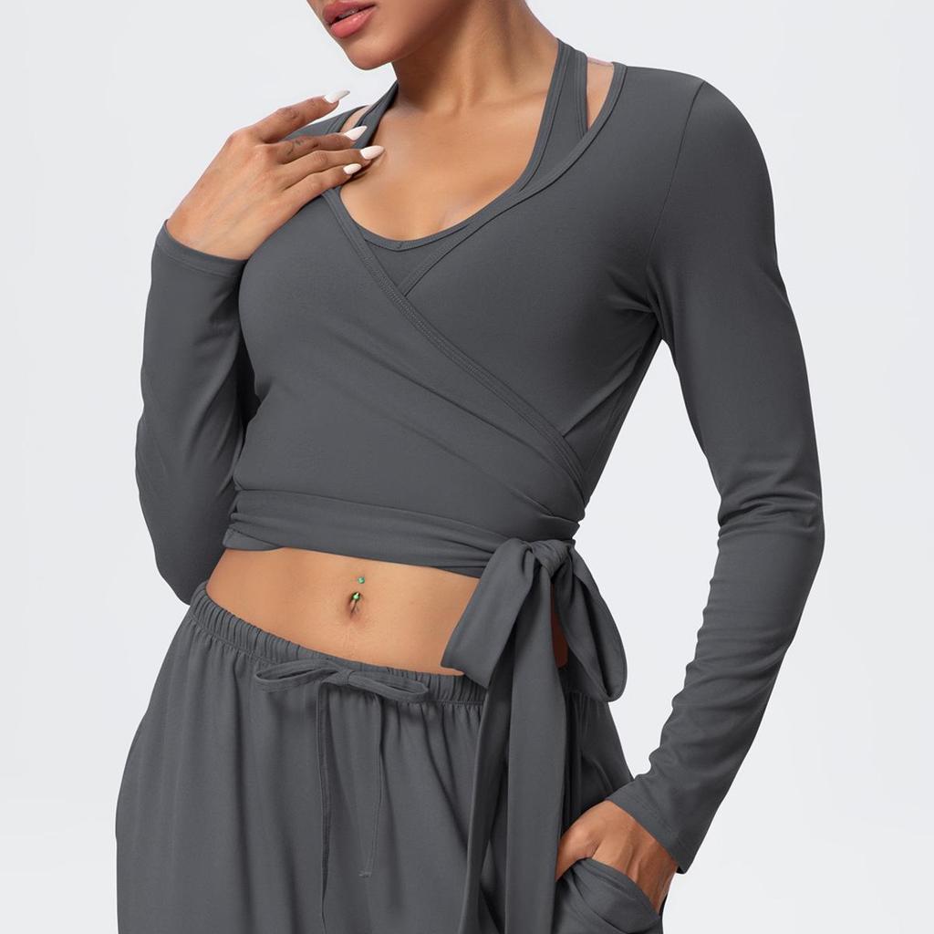 Brushed Long Sleeve One-Piece Tie-Up Yoga Wear for Outdoor Sports