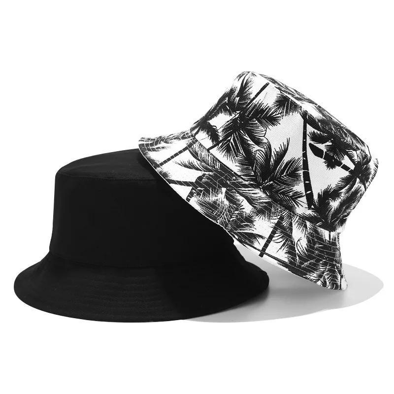 1 Pcs Cotton Summer Fisherman Sun Hat Unisex Double-sided Printing Black Coconut Tree Outdoor Beach Travel Sunshade Hiking Hat