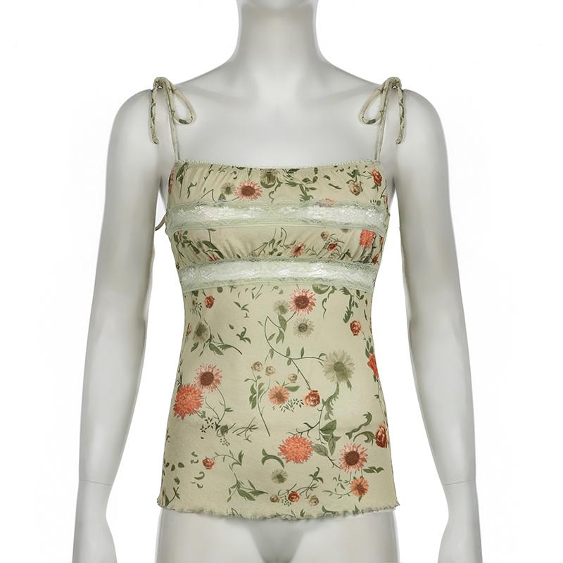 Fairycore Vintage Summer Camis Tops Lace Spliced Floral Printed Strappy Y2K Aesthetic Women Tops Holidays 2000s Cute