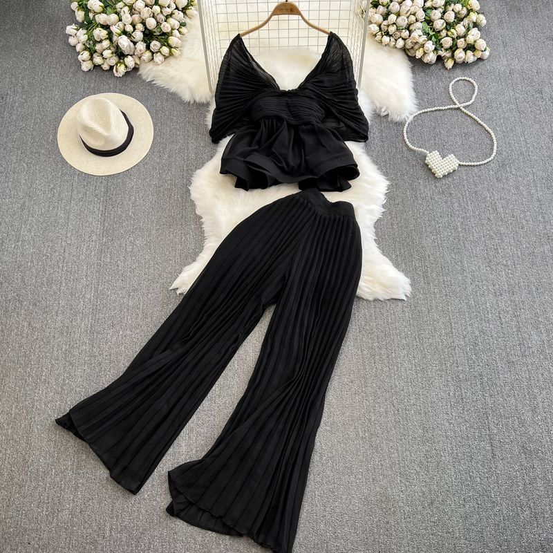 Sanzhai Ruched Batwing Sleeve Lotus Leaf Swing Fashion Suit