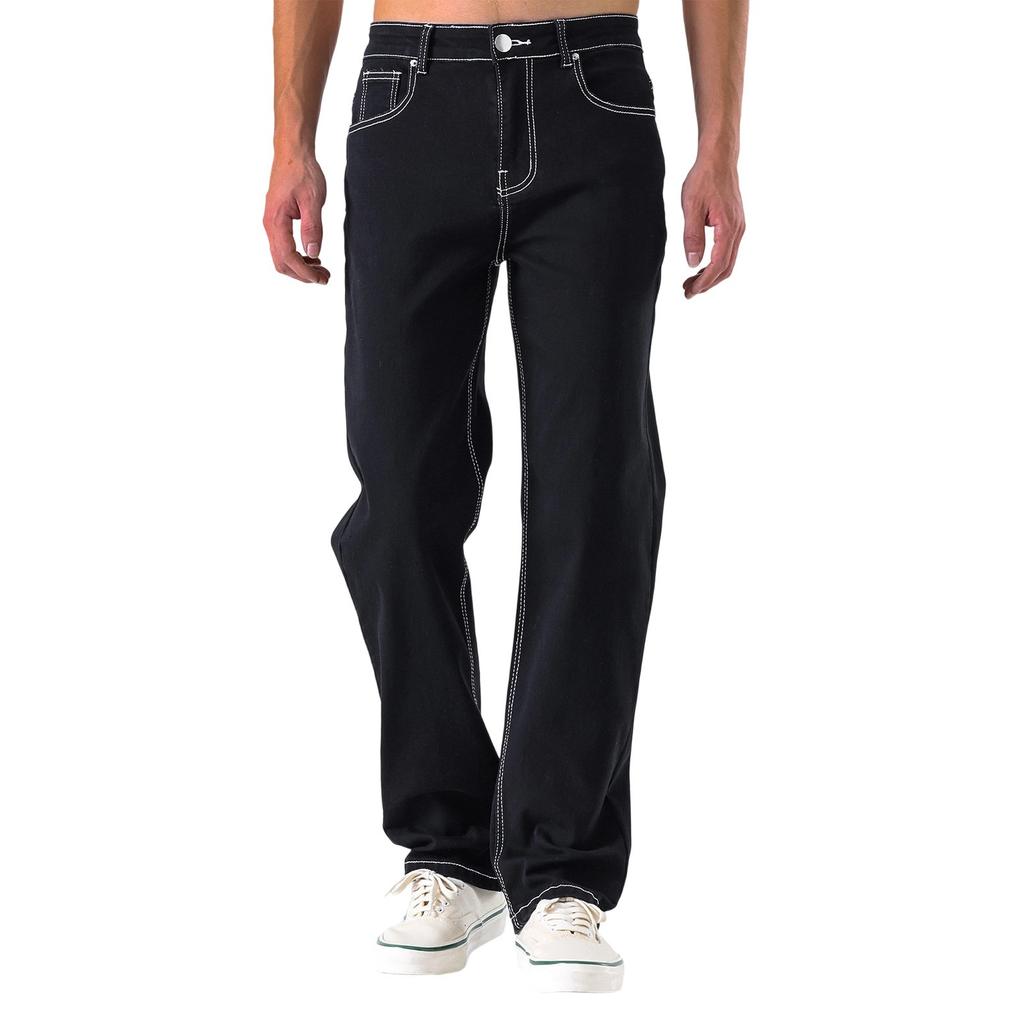 Men's Casual Small Straight Jeans Pants Fashion Wide Leg Pants Solid Color Jeans