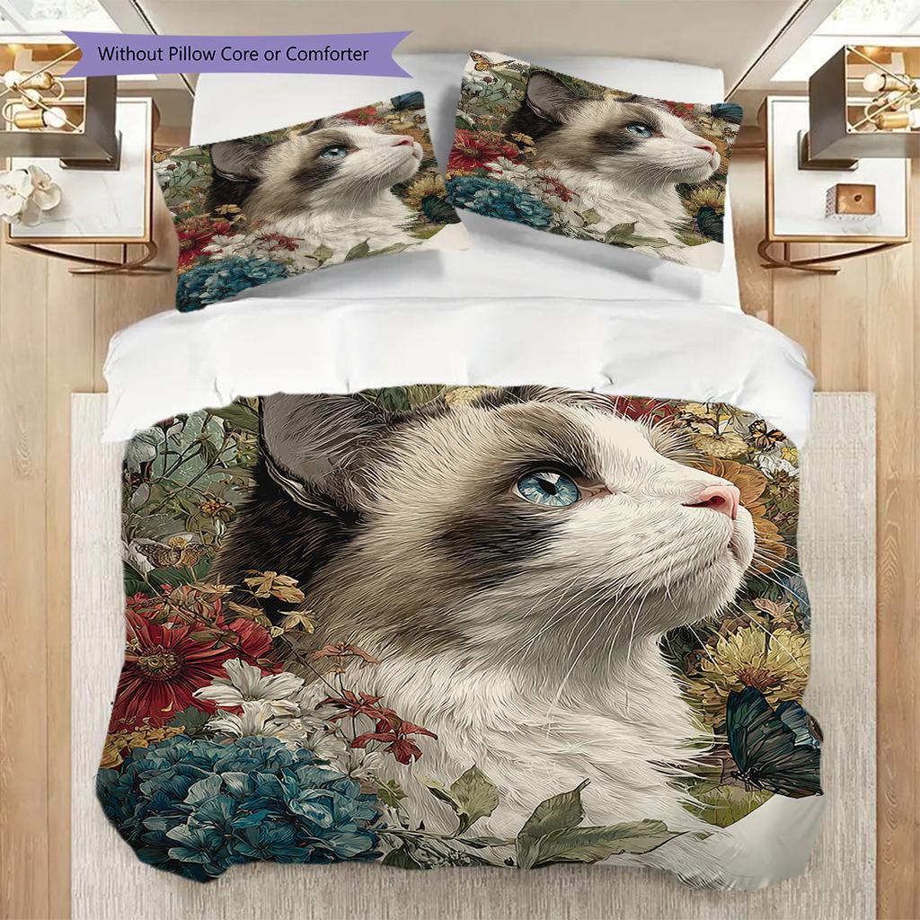 Maine Coon Pattern Bedding Quilt Set Quilt Cover Pillowcase Home Decoration Birthday Gift (1 * Duvet Cover + 2 * Pillowcase, Without Core)